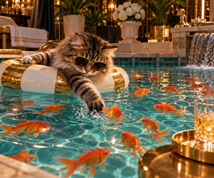 Cat in sunglasses floating on a pool ring surrounded by goldfish