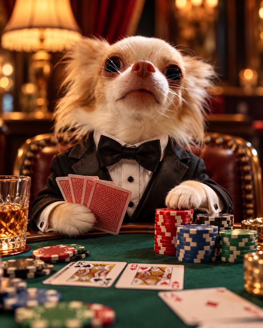Chihuahua in a tuxedo playing poker with chips and cards
