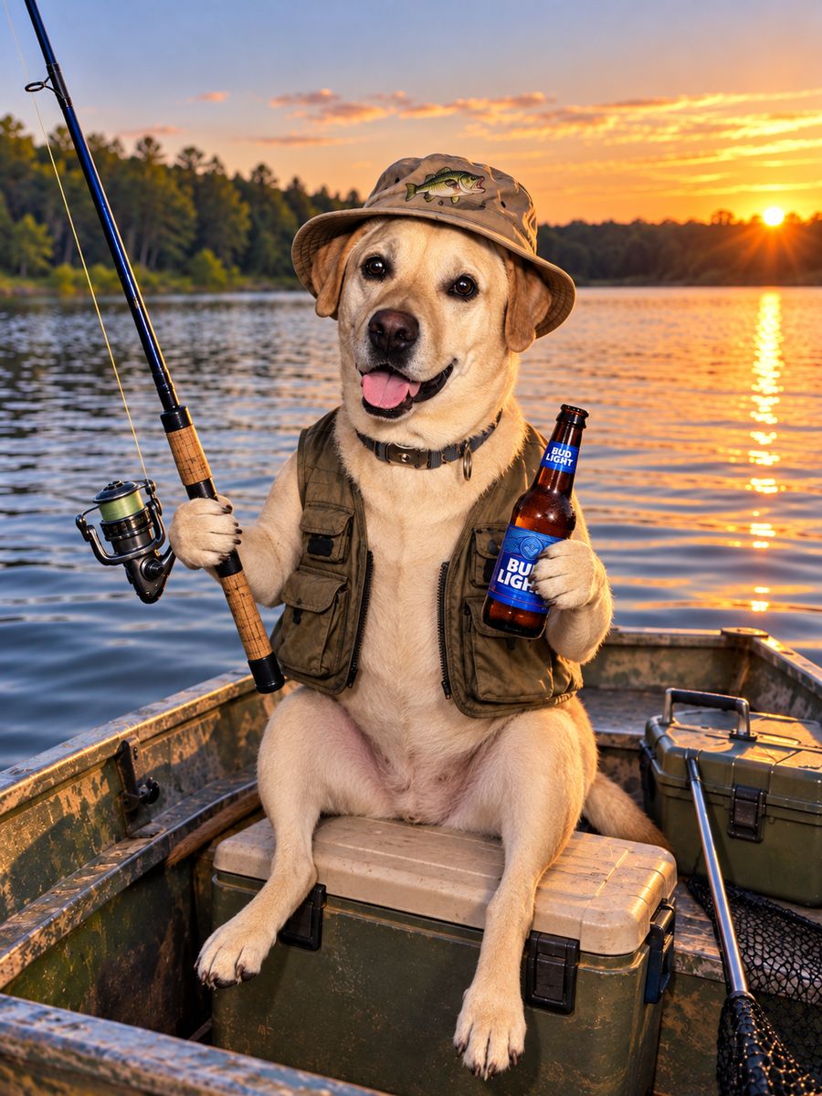 Labrador in a fishing vest holding a rod and a drink on a boat