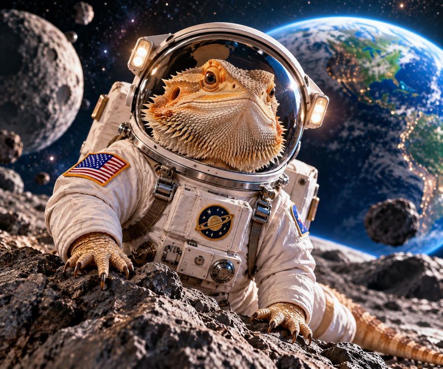 Bearded dragon in an astronaut suit on the moon with Earth behind