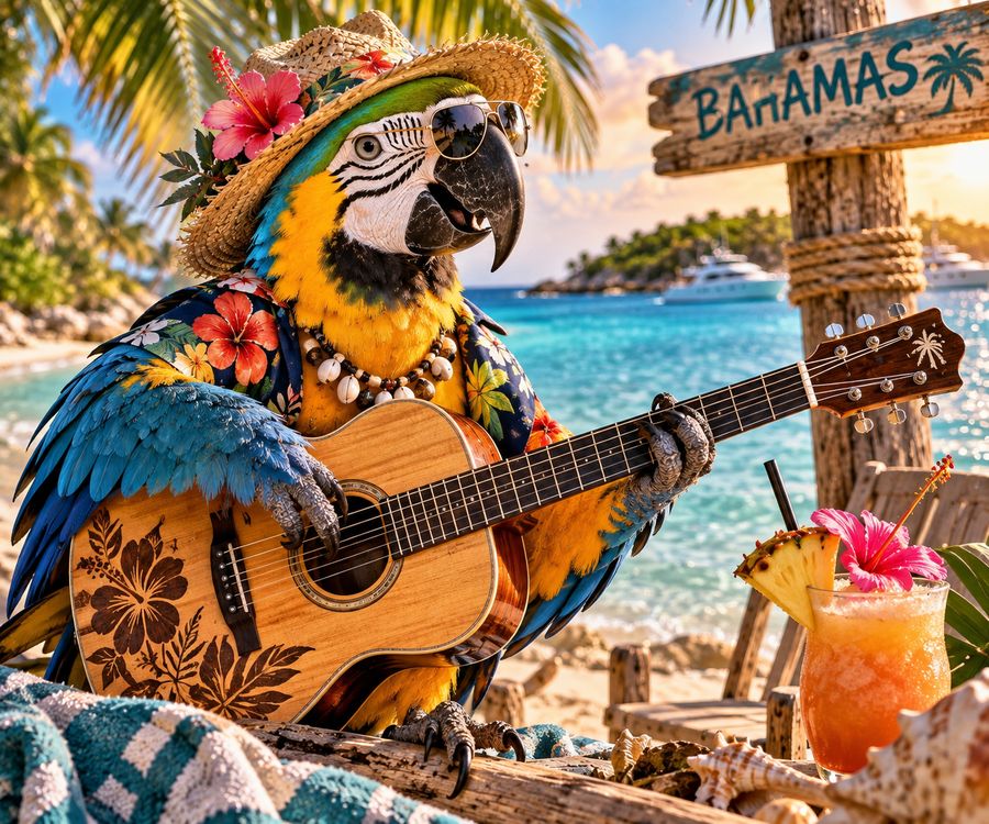 Macaw in sunglasses and a straw hat playing guitar on a beach