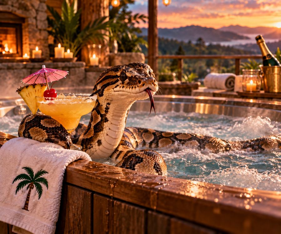Snake relaxing in a hot tub with a cocktail