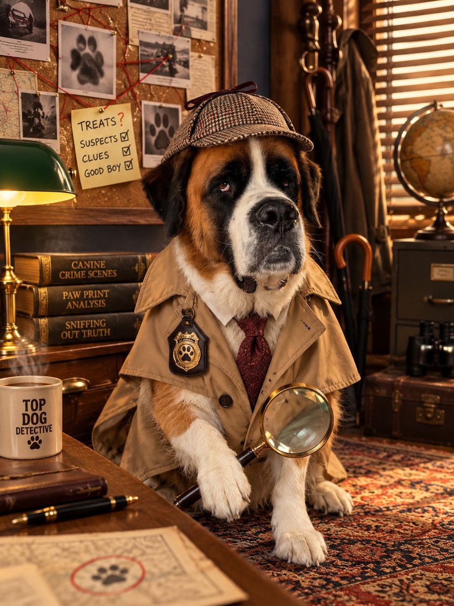 Dog dressed as a film-noir detective with a trench coat and magnifying glass